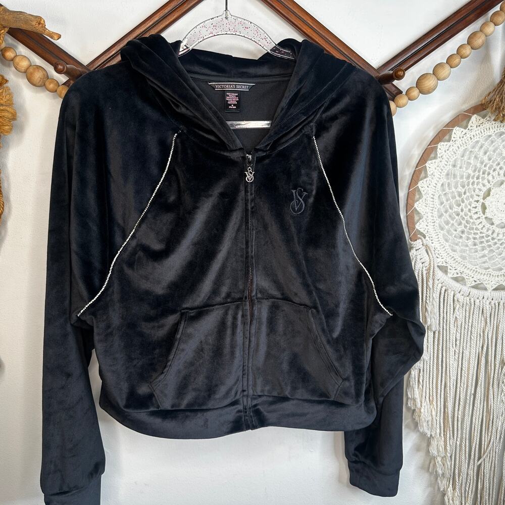 Victoria's Secret Black Velour Velvet Embroidered Hoodie
